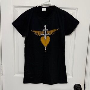 Bon Jovi Heart and Dagger logo adult black T-shirt.